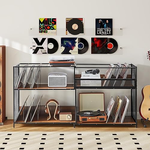 Miniatura 10 de RARZOE Soporte grande para tocadiscos, soporte de exhibición de discos de vinilo de mediados de siglo, soporte para tocadiscos con almacenamiento,