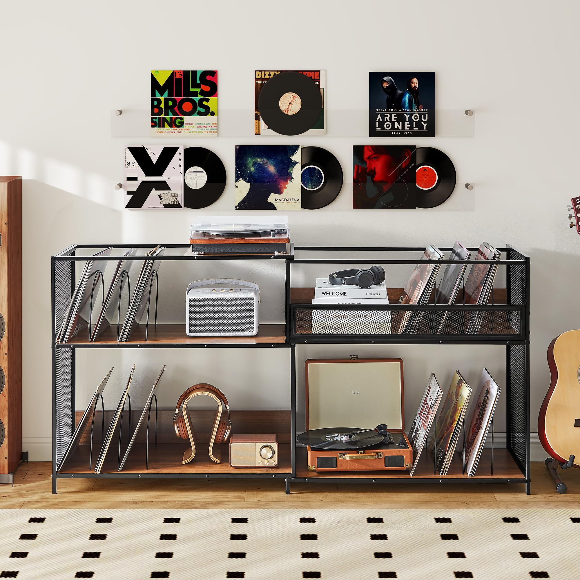 RARZOE Large Record Player Stand, Mid Century Vinyl Record Display Shelf Up to 450 Albums, Turntable Stand with 3 Expandable Open Shelves, Record Vinyl Storage Corner Cabinet for Living Room Office