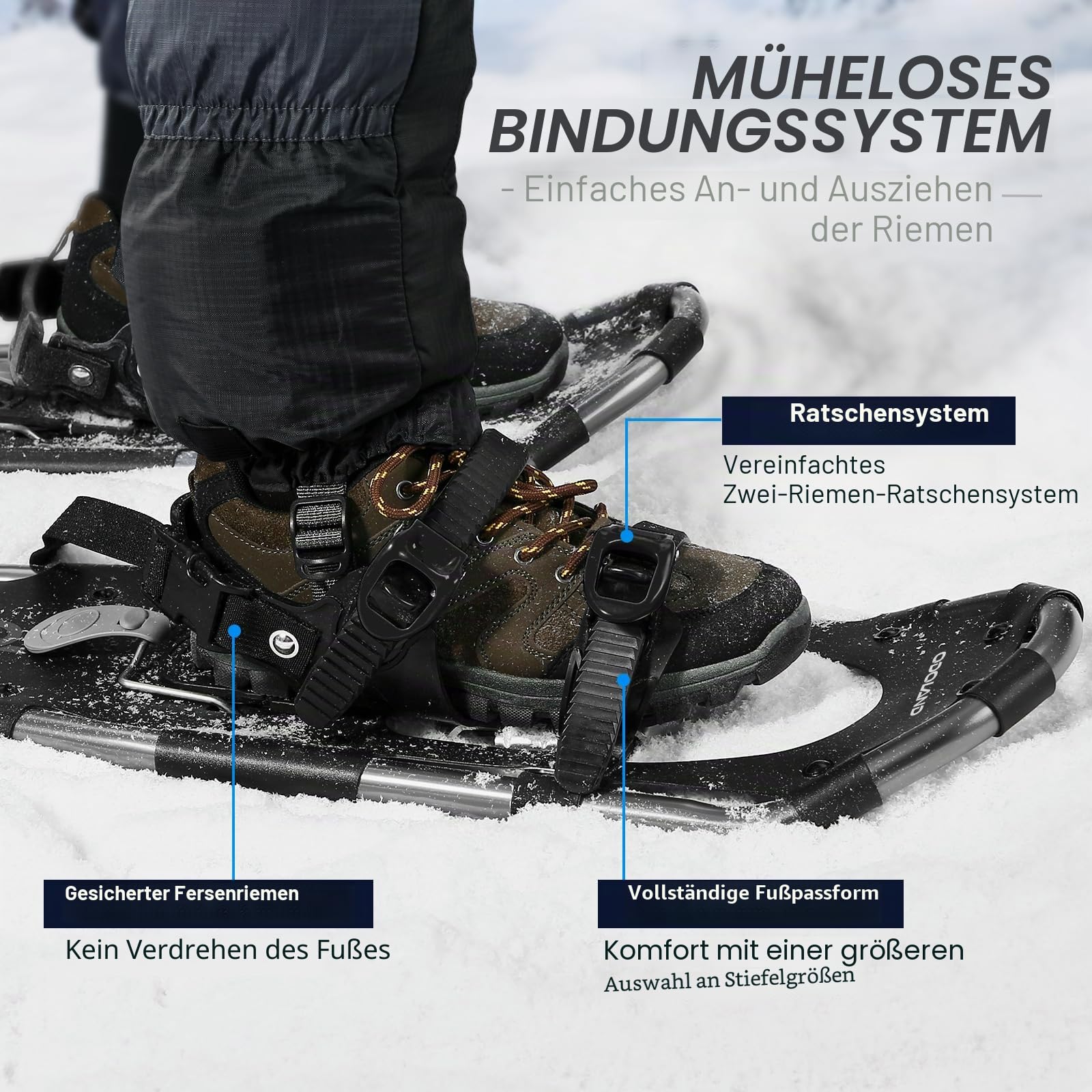 Odoland Schneeschuhe mit Steighilfe Allround 4 IN 1 für Damen und Herren mit Wanderstöcken, Wasserdichten Gamaschen und Tragetasche, ab Schuhgröße 21 INCH/ 25 INCH / 30 INCH