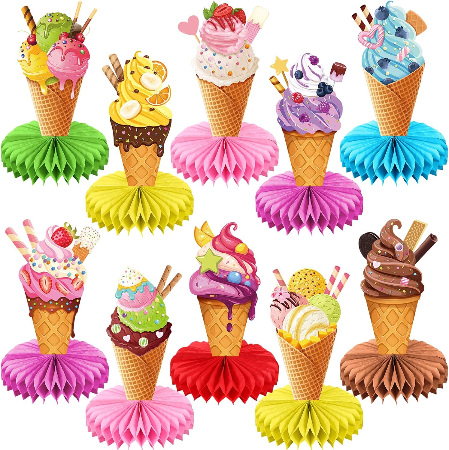 Faccito 10 Pcs Ice Cream Party Decorations 3D Ice Cream Drip Baseball Honeycomb Table Centerpieces Sport Themed Toppers for Summer Sport Birthday Party Supplies(Sundae)