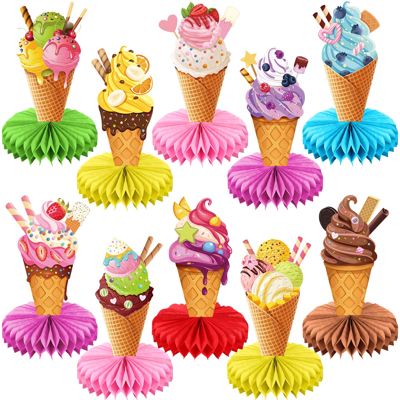 Faccito 10 Pcs Ice Cream Party Decorations 3D Ice Cream Drip Baseball Honeycomb Table Centerpieces Sport Themed Toppers for Summer Sport Birthday