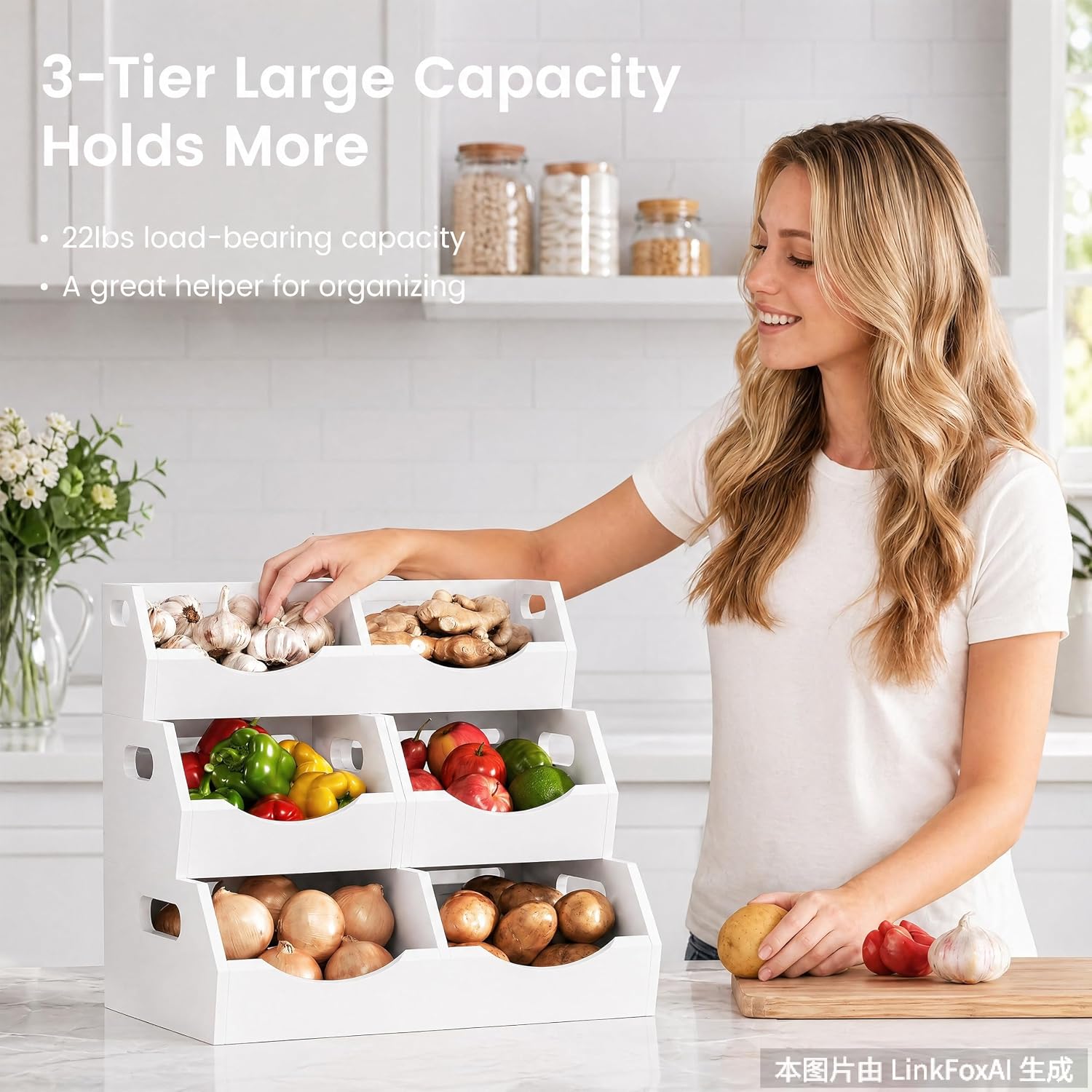 Potato and Onion Storage Bin, 3 Tier Bamboo Kitchen Storage Rack, Stackable Ventilated Pantry Organizer with Handles for Garlic Peppers Vegetables, Countertop Produce Bins, White(Assembly Required)