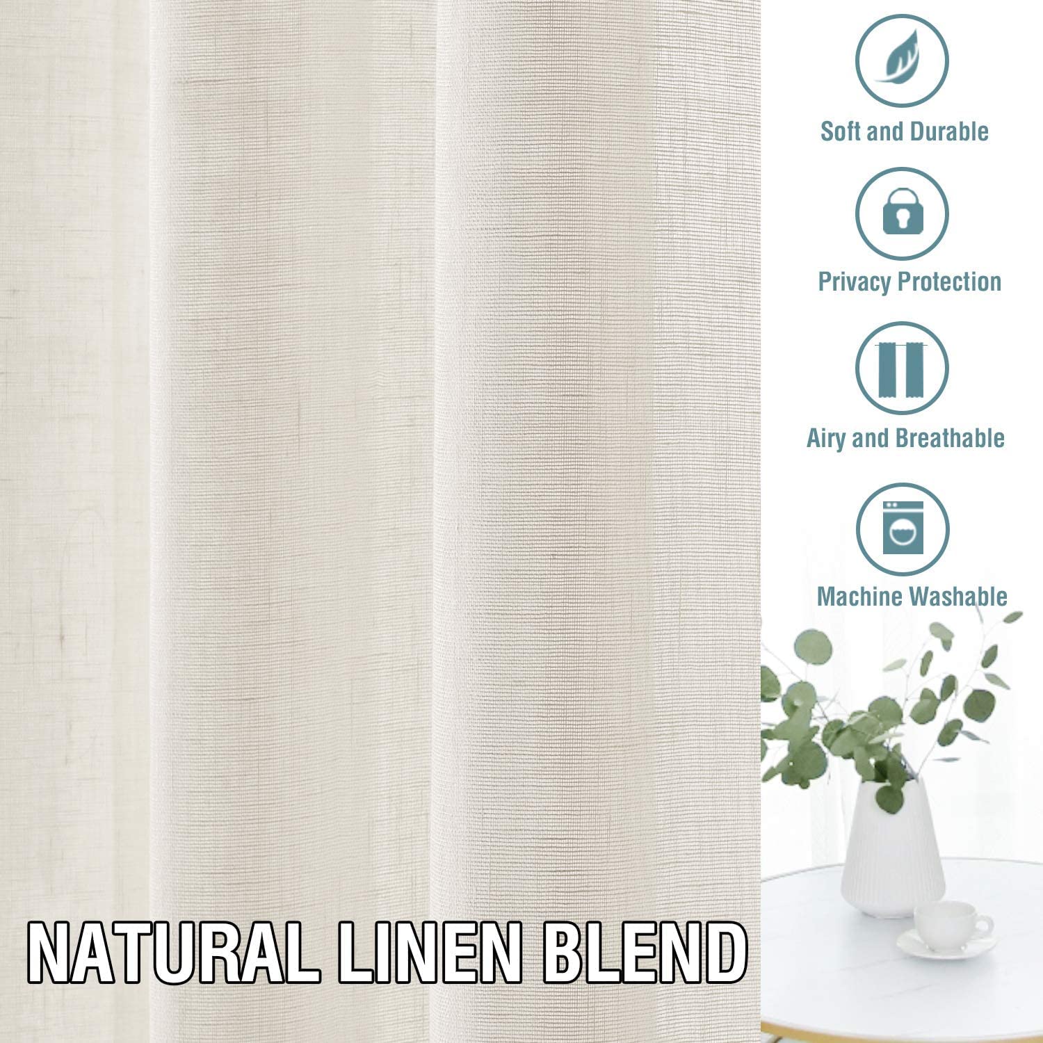 Tende in Lino Semitrasparenti per Interni con Tasca - Moderne e Leggere per Finestra, Soggiorno e Camera da Letto (Avorio, 132x274cm)