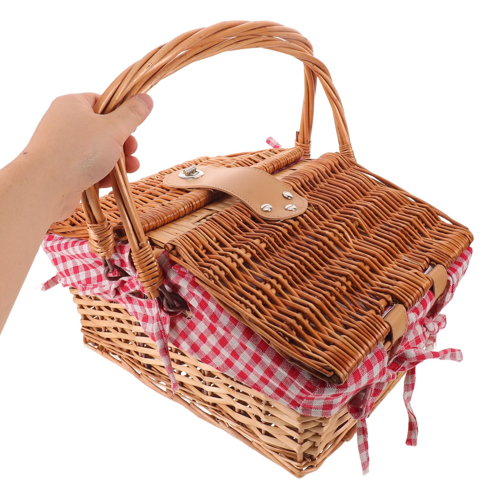 Cesta de Picnic de Mimbre Roja con Tapa y Asas, Tejida a Mano