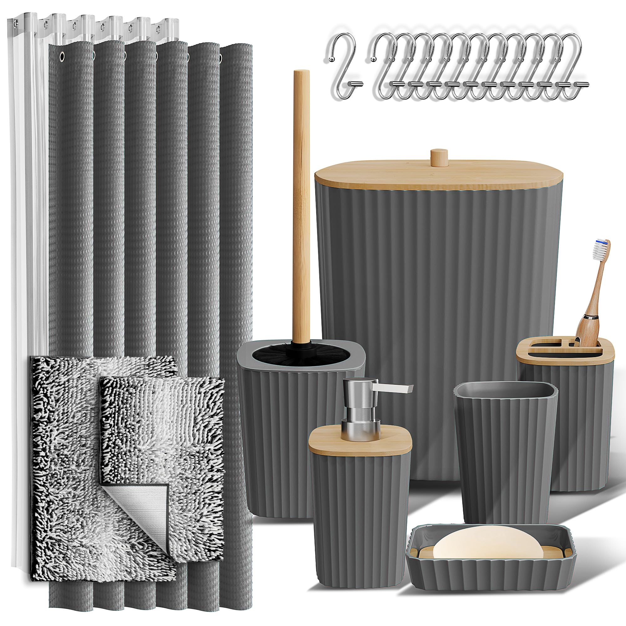 Photo 1 of Clara Clark Bathroom Accessories Set - Bathroom Set, Bathroom Sets with Shower Curtain and Rugs, Shower Curtain Set with Bathroom Trash Can - Ombre Grey - 22PC