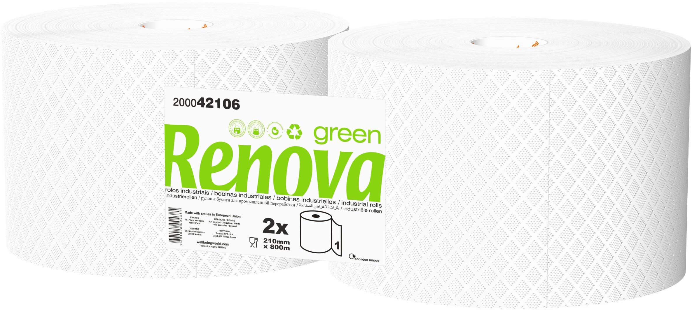 Renova Green Bobinas Multiusos | 2 Bobinas de 800 Metros | Papel Blanco | Certificado Ecolabel