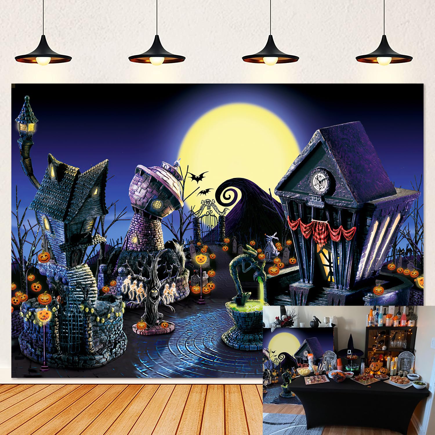 Halloween Backdrop Halloween Night Moon Bat Pumpkin Scary Graveyard Lantern Photography Background for Children Halloween Party Decoration Banner