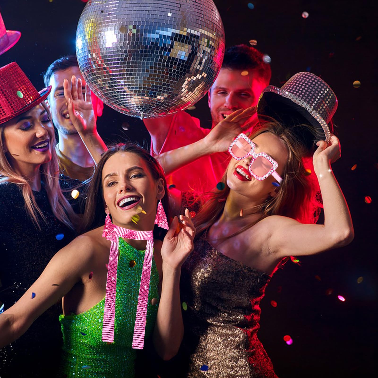 3-częściowy zestaw kostiumów disco z lat 70. dla kobiet, zestaw błyszczących akcesoriów disco z różowymi pajęczynami, słonecznymi okularami i kolczykami na Halloween, karnawał, faszynek