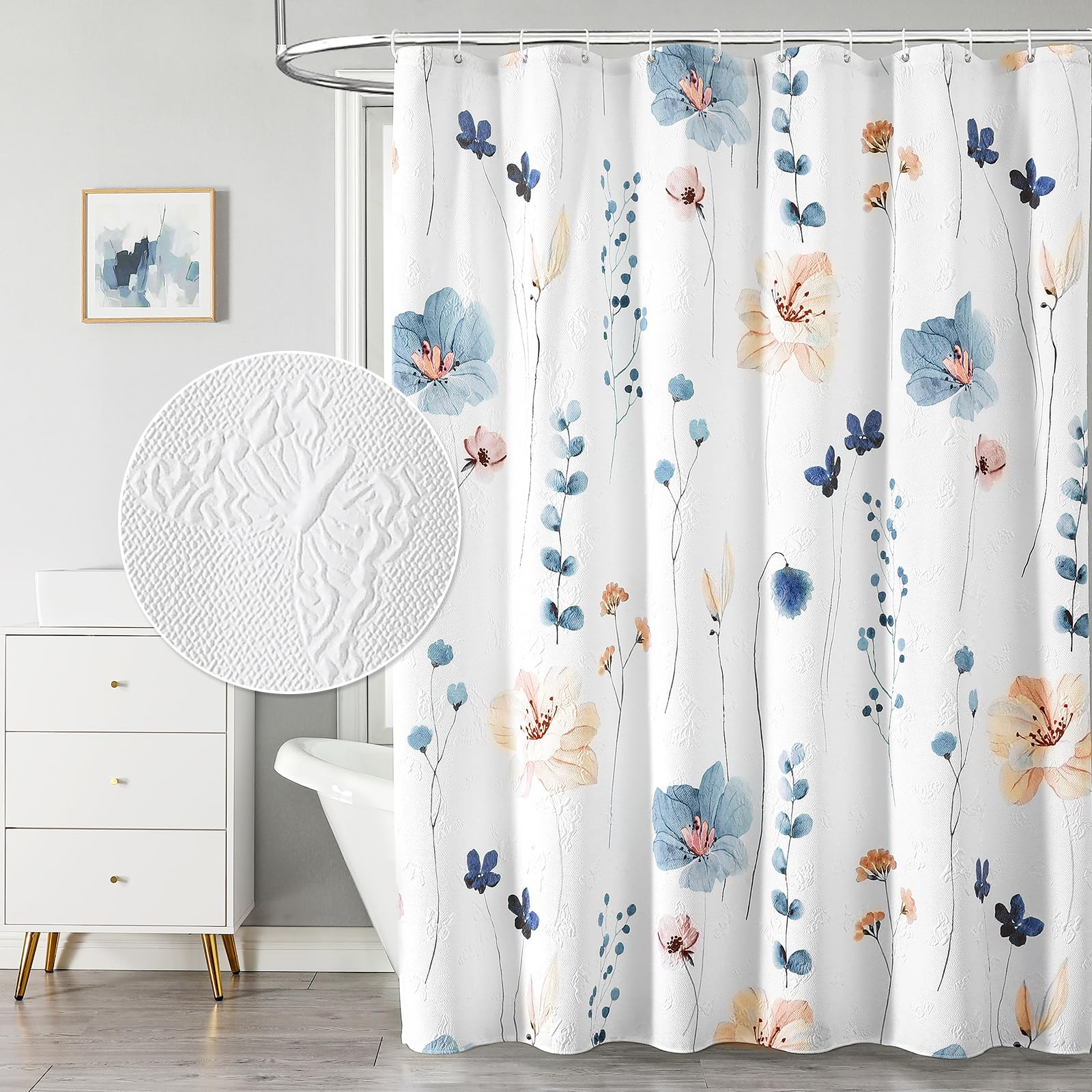 QiyI Watercolor Floral Shower Curtain, 3D Embossed Butterflies Blue Beige Flower Bathroom Curtain, Minimalist White Cloth Bath Curtain, Waterproof Fabric Textured Shower Curtain Set with Hooks, 72x72