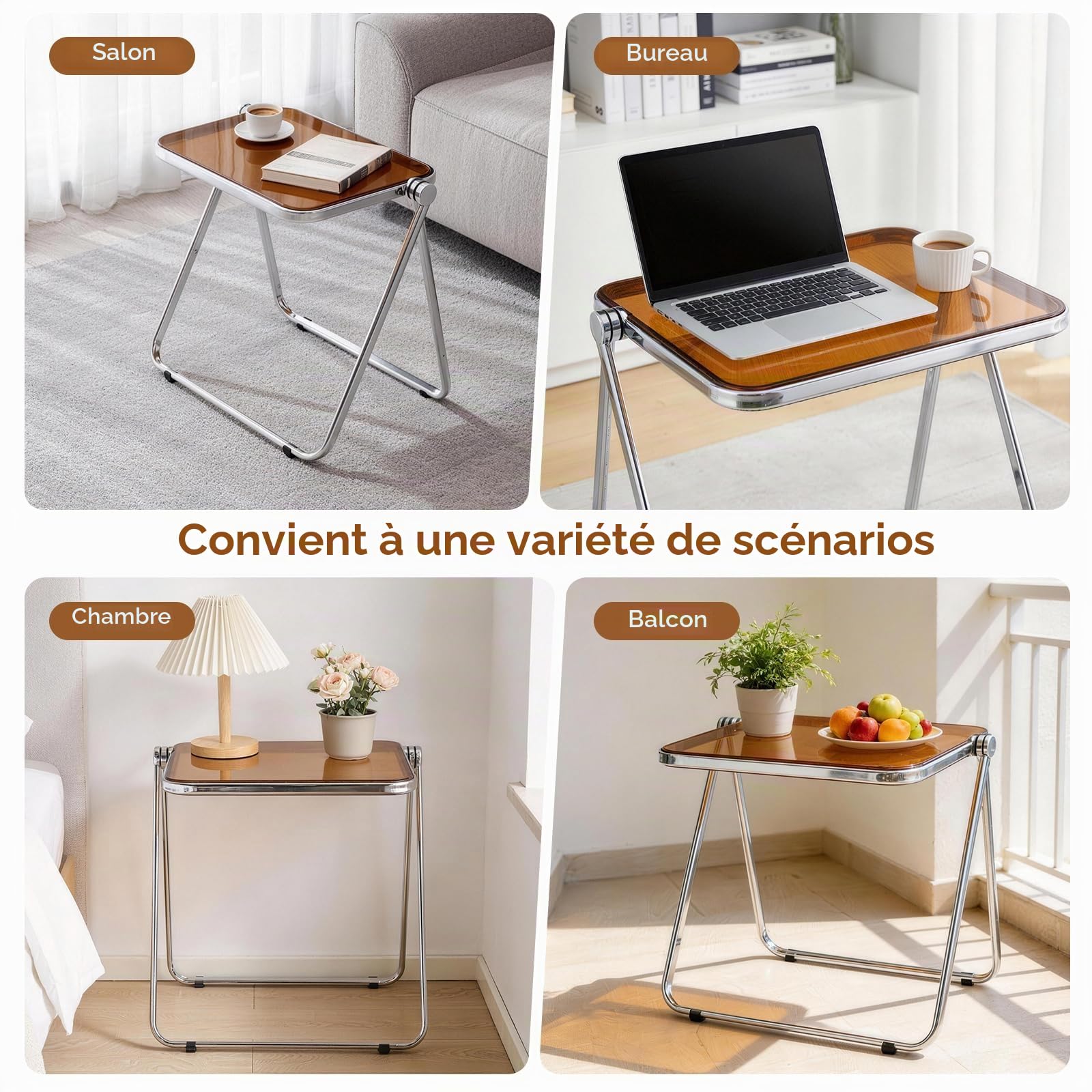 Table Pliante en Acrylique Transparent, Design léger et Pliable pour Salon, Cuisine, Balcon — Gain de Place, Tawny