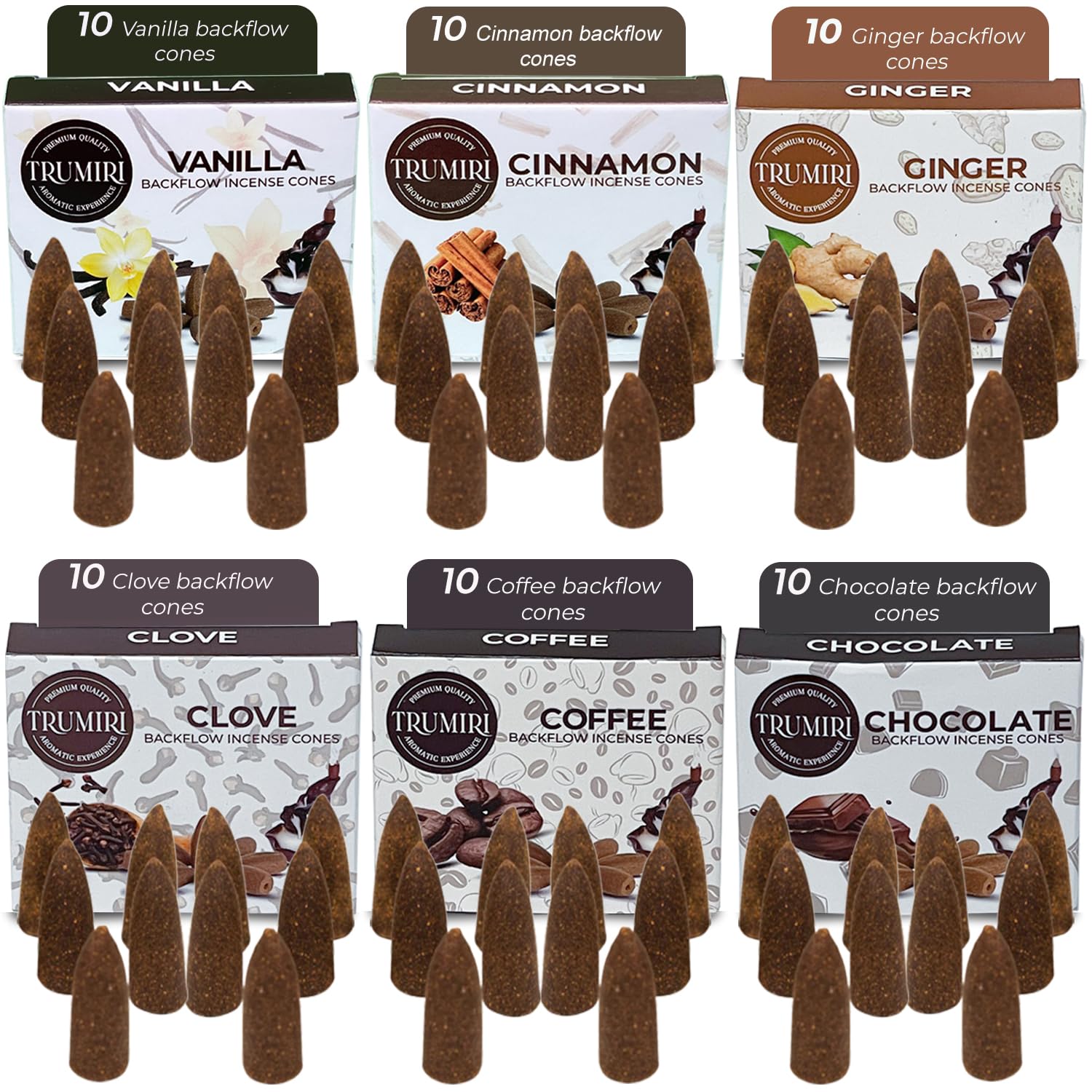 Trumiri Gourmet Rückfluss-Räucherkegel – Sortimentspackung – insgesamt 60 Räucherkegel Wasserfall (6 Düfte x 10 Conos) – Vanille, Zimt, Kaffee, Schokolade, Nelke, Ingwer – Räucherkegel