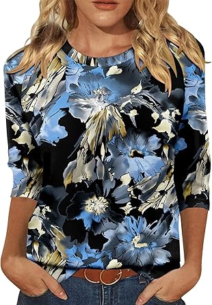 KISSMODA Tunic Tops for Women Loose Fit Dressy Round Neck Pleated 3/4 Length Sleeve Spring Tops