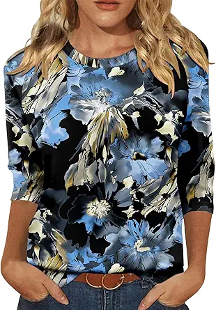 KISSMODA Tunic Tops for Women Loose Fit Dressy Round Neck Pleated 3/4 Length Sleeve Spring Tops