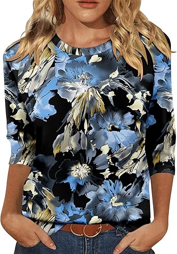 KISSMODA Tunic Tops for Women Loose Fit Dressy Round Neck Pleated 3/4 Length Sleeve Spring Tops