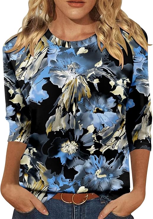 KISSMODA Tunic Tops for Women Loose Fit Dressy Round Neck Pleated 3/4 Length Sleeve Spring Tops