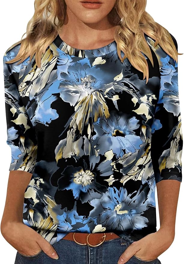 KISSMODA Tunic Tops for Women Loose Fit Dressy Round Neck Pleated 3/4 Length Sleeve Spring Tops
