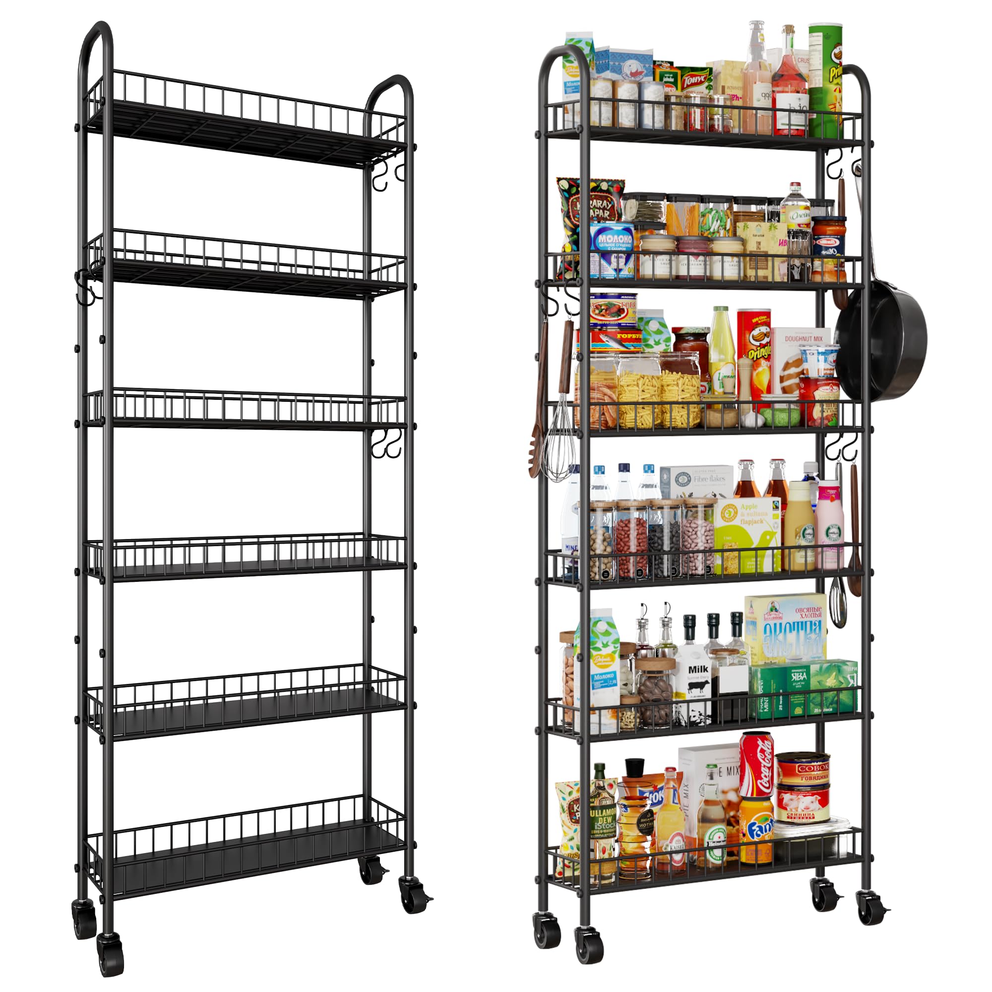 6-Tier Slim Storage Cart, Rolling Kitchen Cart with Wheels, Narrow Metal Shelf Organizer with Hooks for Kitchen, Bathroom, Living Room, Laundry, Small Spaces (Black, 6 in)