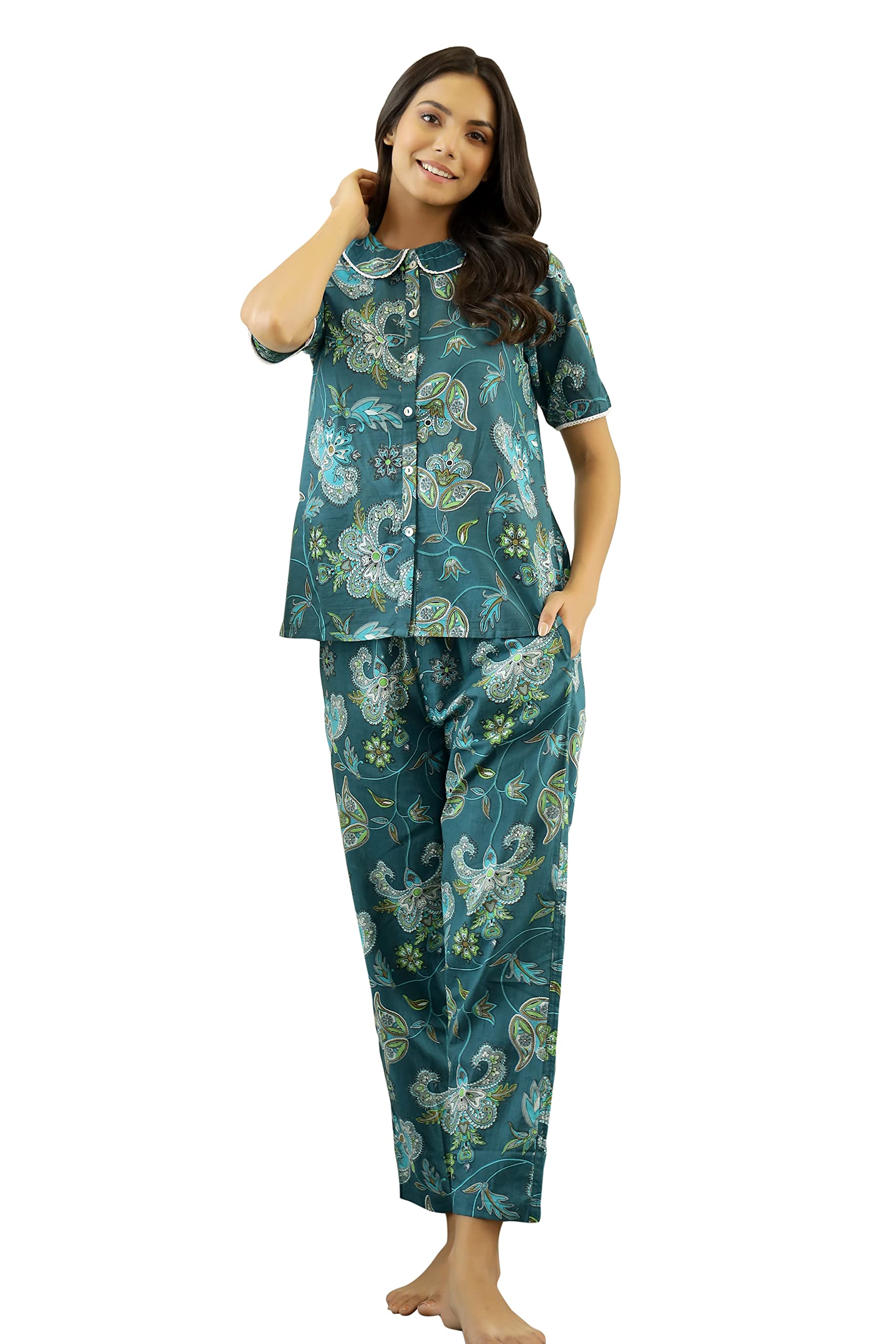 Women's Premium 100% Cotton Printed Night Suit Set | Button-Down Shirt & Pyjama Set | Short Sleeve Sleepwear | Soft Breathable Loungewear & Comfortable Nightwear for Women-image-12