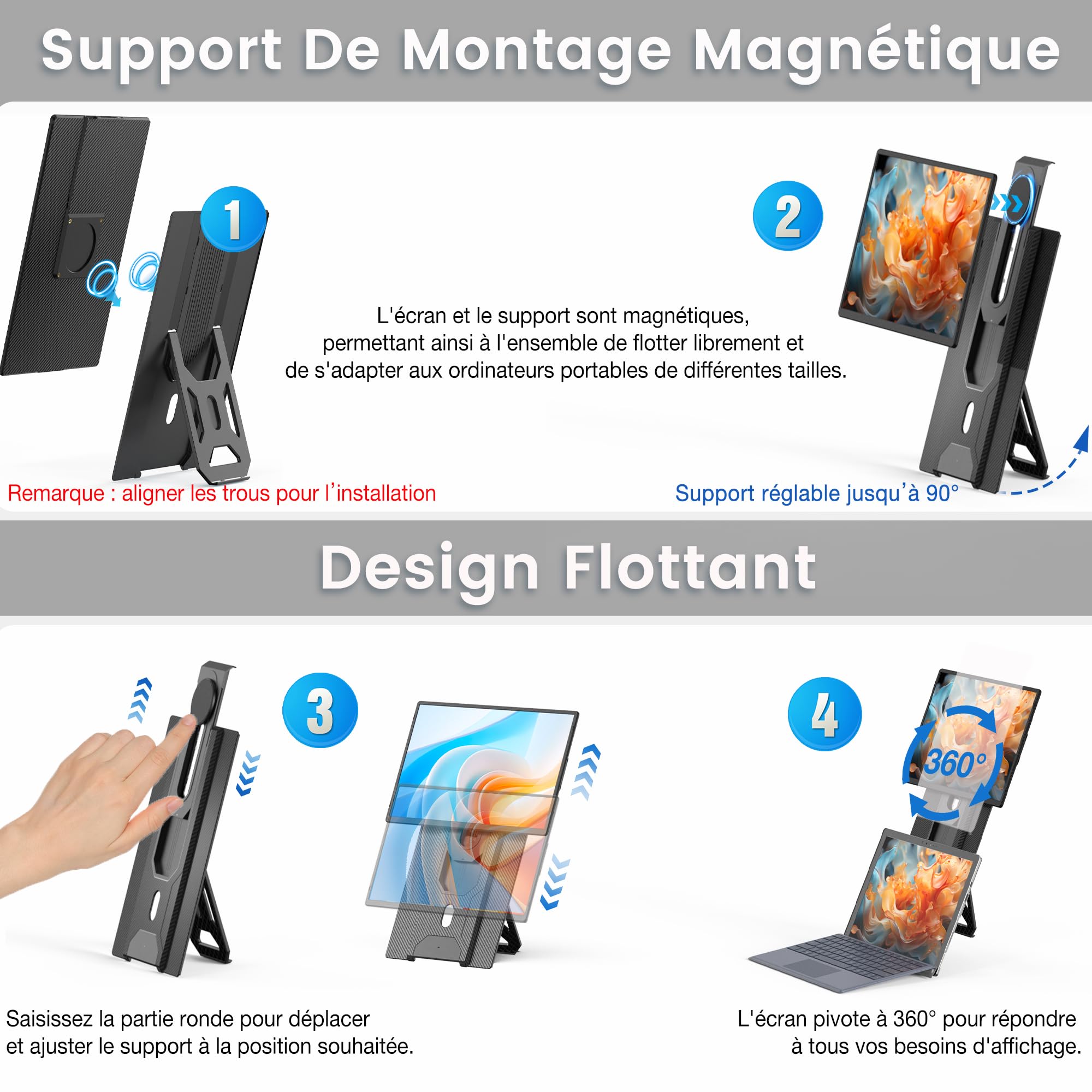 Kwumsy Écran Portable 16 Pouces - Moniteur pour Ordinateur Portable, Portable Ultra Fin, Écran d’Extension Laptop avec Support 360° Rotatif et Détachable, Plug & Play, Compatible Tous PC Portables.
