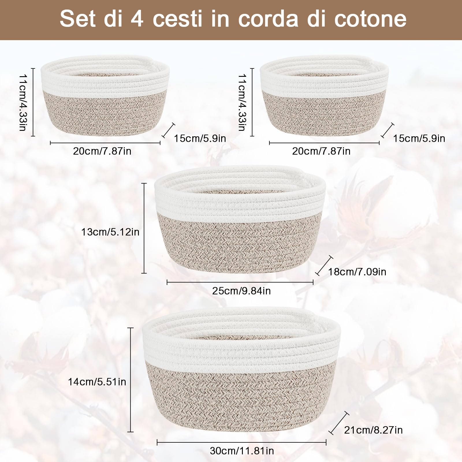4 Pezzi Cestino Portaoggetti - Cesto Portaoggetti in Corda di Cotone丨Organizer Fasciatoio, Decorazioni Organizer Bagno
