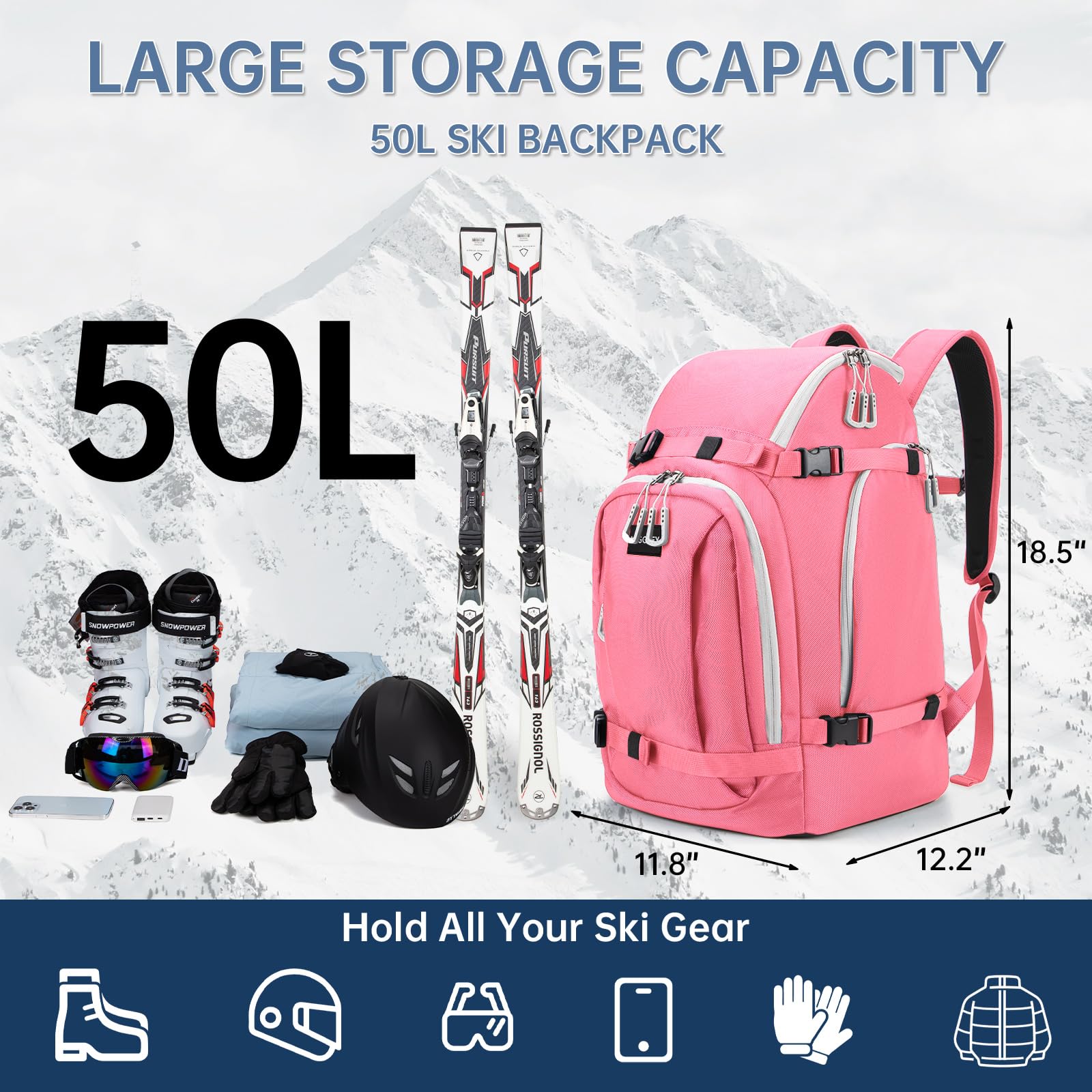 MIGGEEY Borsa per scarponi da sci con scomparto per casco e scomparto per stivali [50 l], zaino da sci con tasca per casco, borsa da sci con funzione di tracolla e spazio per accessori da sci