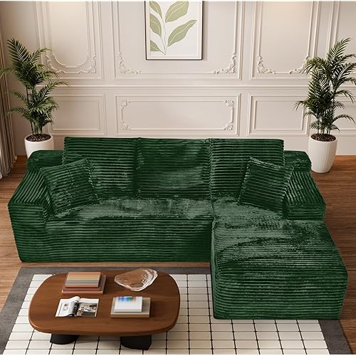 Modular Sectional Sofa Cloud Sectional Couch, 107" Comfy Fluffy L Shaped Green Couches for Living Room, Deep Seat Memory Foam Plush Corduroy Boneless Couch Sectionals with Right Facing Chaise Sofa