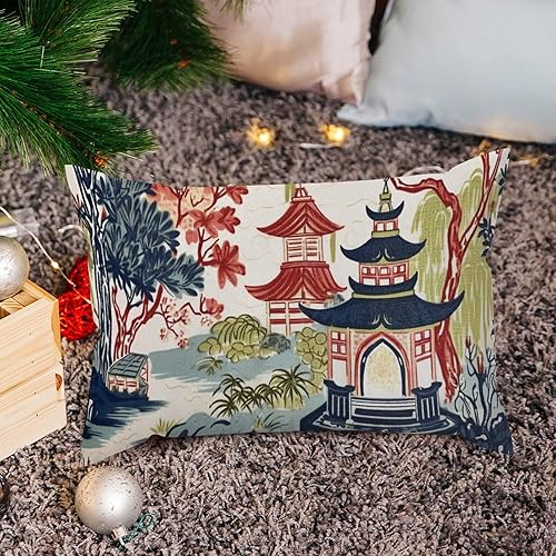 Miniatura 5 de Chinoiserie - Cojín de cojín con diseño de pagoda roja y negra, diseño de flores en acuarela, fundas de almohada decorativas asiáticas azul oscuro y