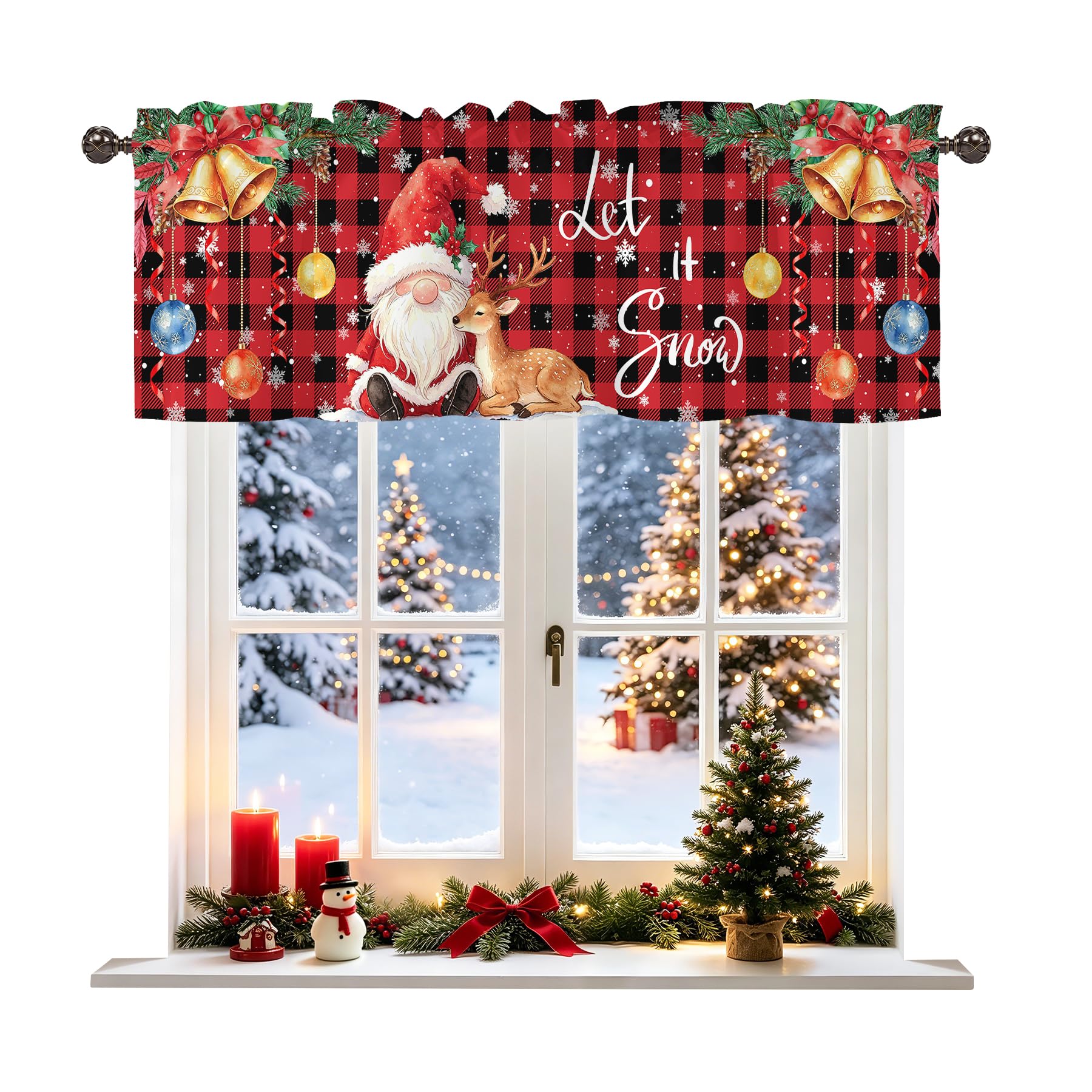 Christmas Snowman Xmas Balls Valance for Windows, Rod Pocket Short Curtain Topper for Kitchen Bathroom Laundry Basement, 42W x 12L Inch