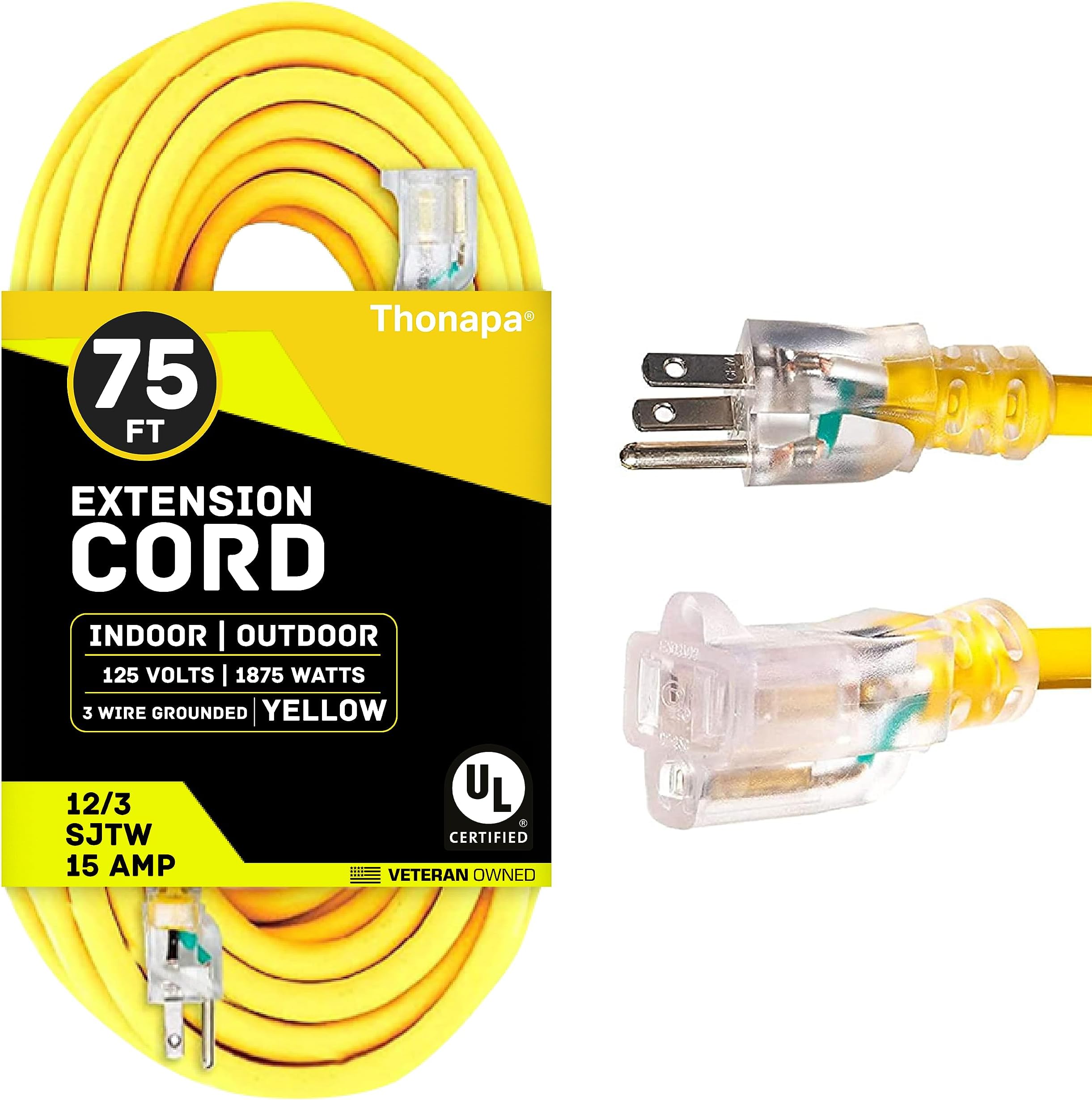 Thonapa Lighted Outdoor Extension Cord 75 ft 12 Gauge 15 Amp Heavy Duty Power