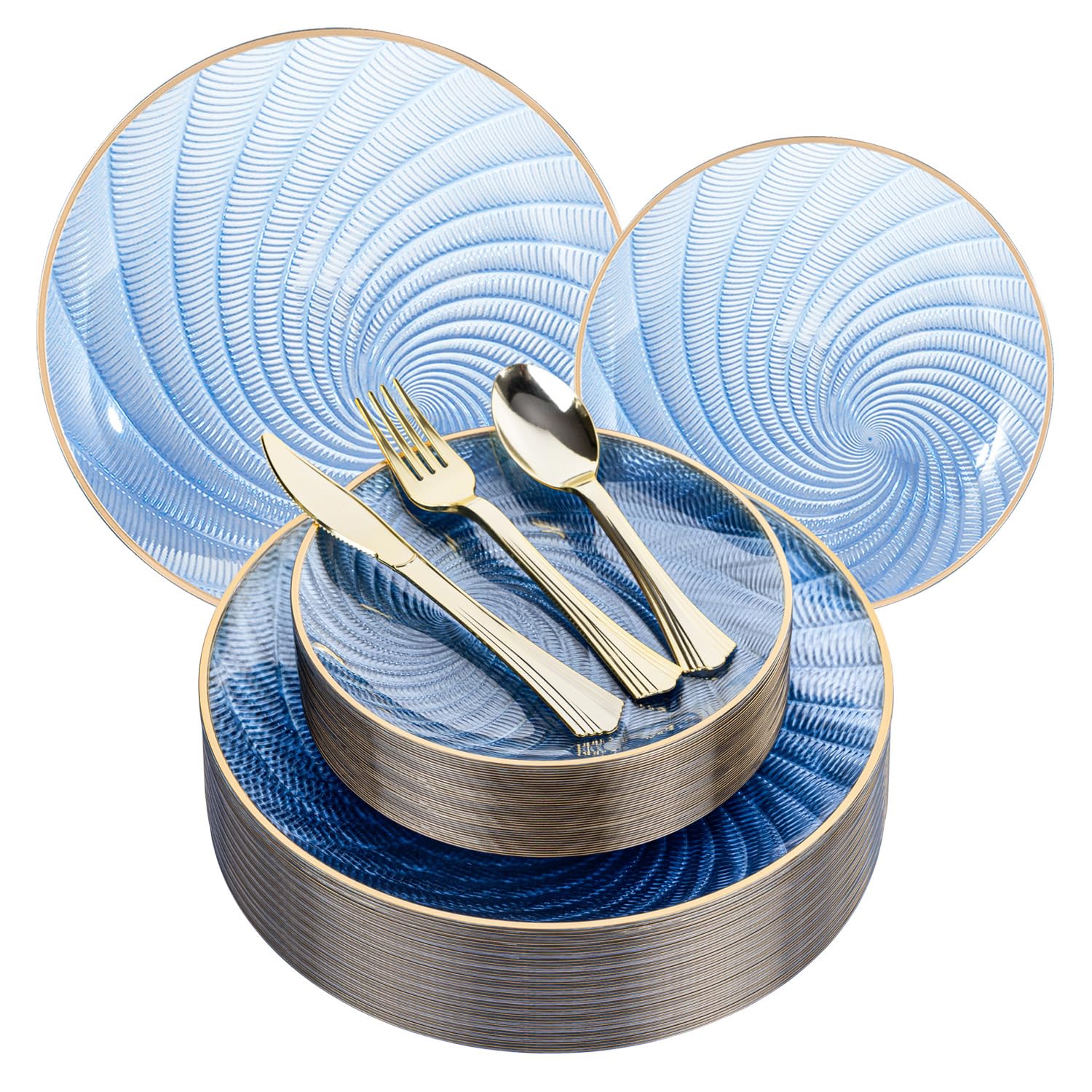 Blue Shell Plates & Gold Silverware Set - 150 PCS -1