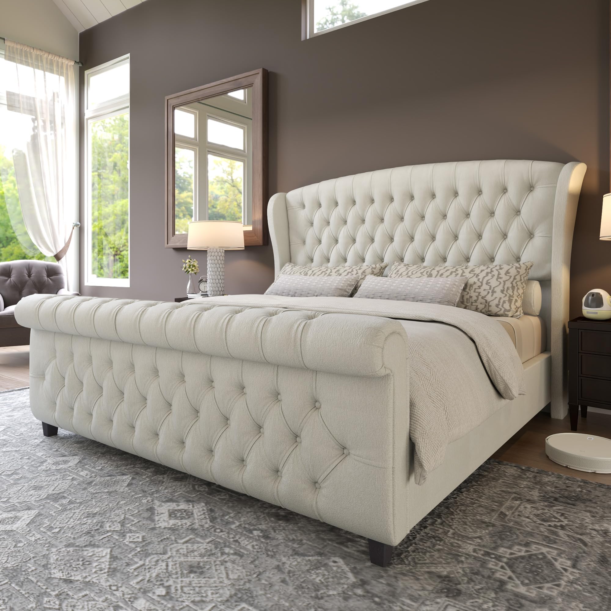 AMERLIFE California King Upholstered Sleigh Bed Frame with Headboard