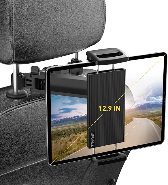 TRYONE Car Headrest Tablet Holder Mount Stretchable Backseat Tablets Stand for Kids, Car Seat Mounts Compatible with iPad Pro 12.9 Air Mini, iPhone, Galaxy Tab, Switch, All 4.7-12.9" Screen Devices