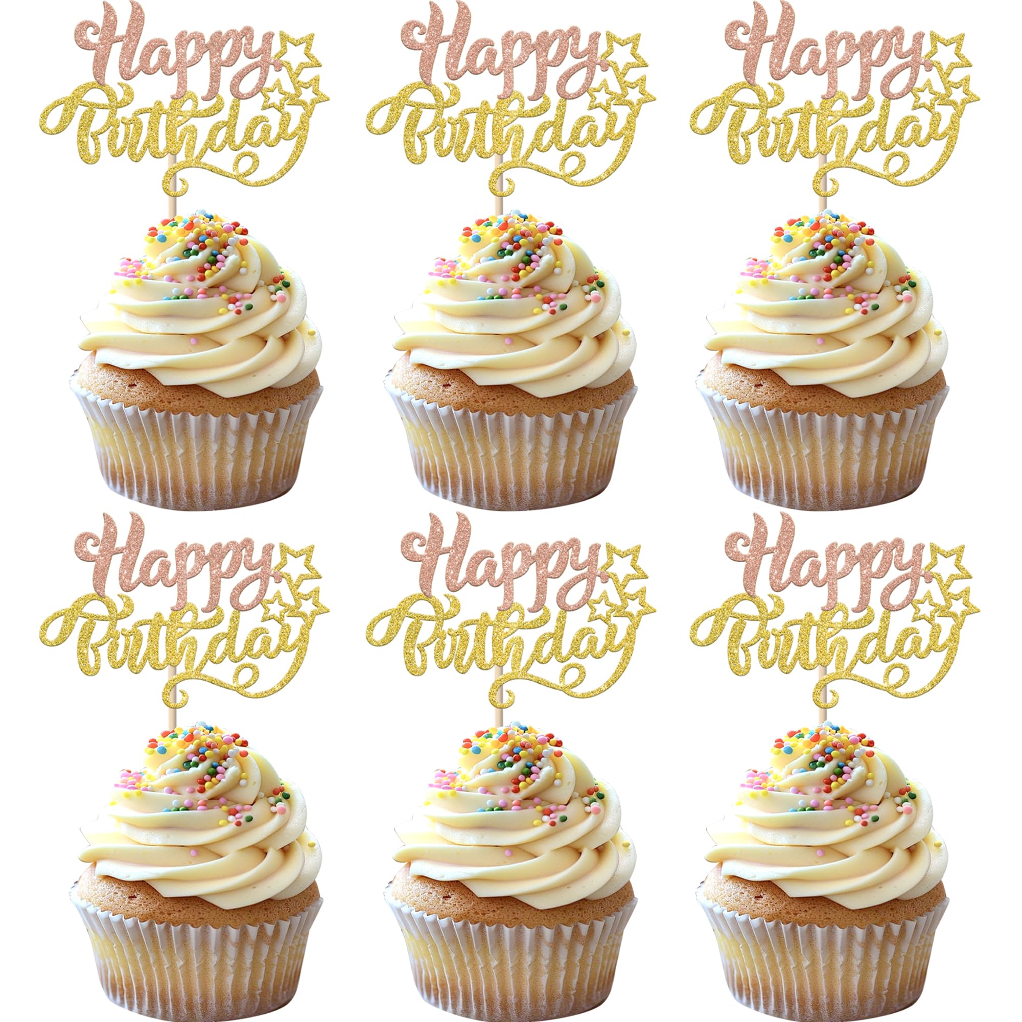 Xsstarmi 24 Pack Happy Birthday Cupcake Toppers Gold Star Glitter Celebrating HBD Cupcake Picks for Baby Shower Birthday Party Cake Decorations Supplies Rose Gold
