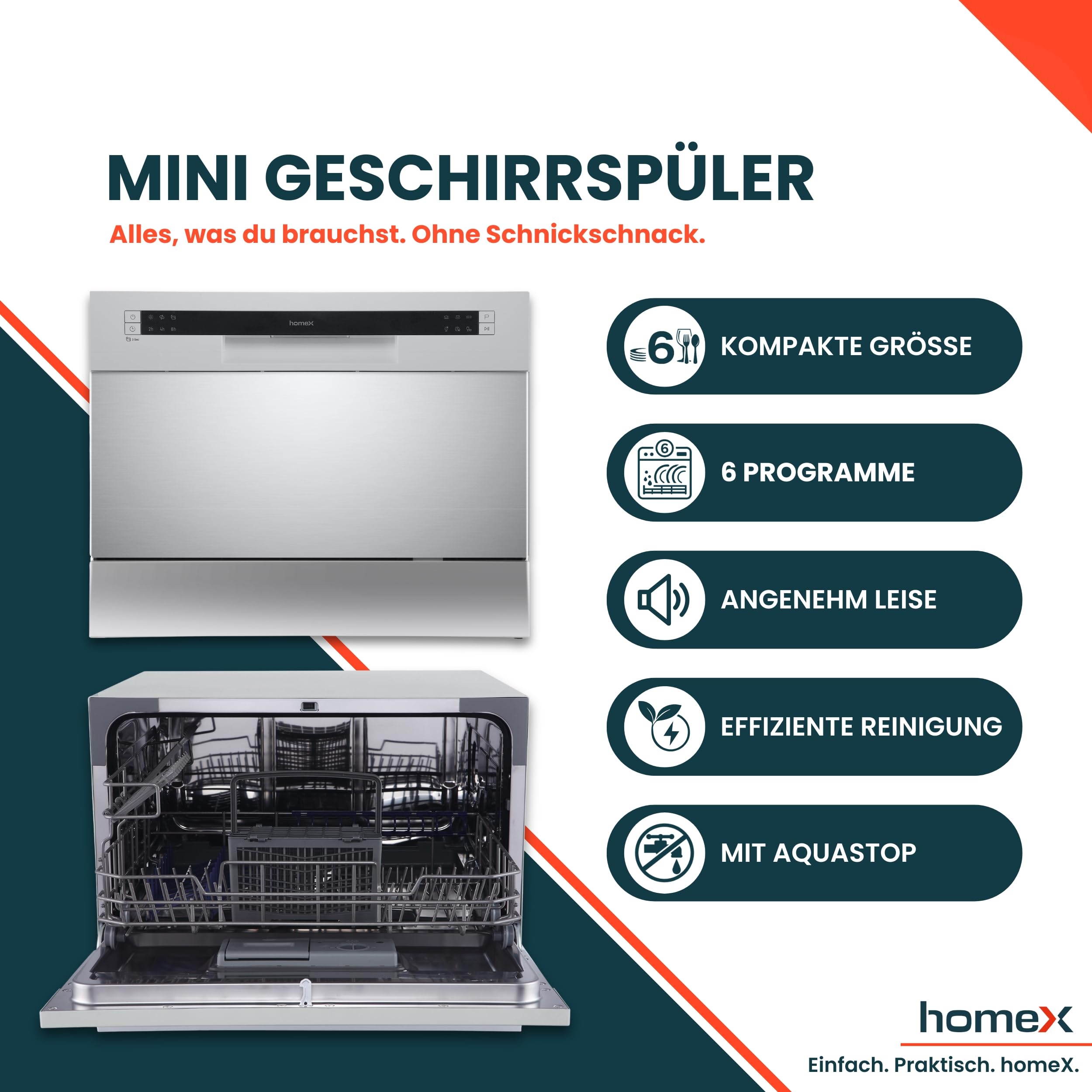 homeX GST6AD-S Tischgeschirrspüler Mini Geschirrspüler für 6 Maßgedecke | 6 Programme, Spülmaschine klein, AquaStop, automatische Türöffnung, ideal für kleine Wohnungen, Tischspülmaschine, silber