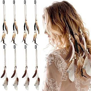 8 Pcs Feather Hair Clips Hippie Handmade Boho Hair Extensions with Feather Clip Comb Braided Beads Headdress Hippie Headpiece DIY Pirate Accessories for Women (Fresh Style)