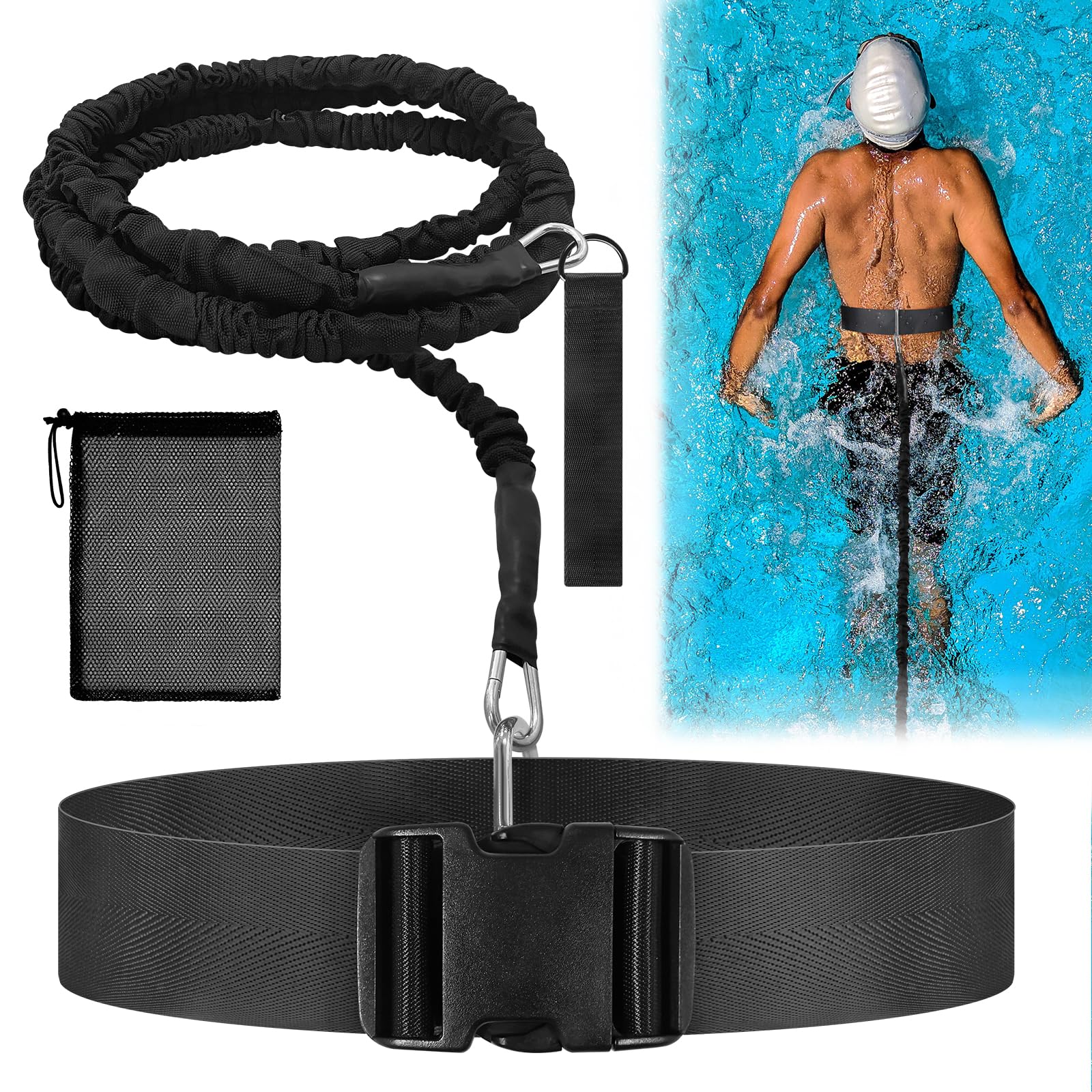 Digiroot Schwimmgurt für Pool 3M-9M einnstellbare Schwimmwiderstand Gürtel Schwimmtrainer Schwimmhilfe Gürtel Leine für Erwachsene Kinder Schwarz