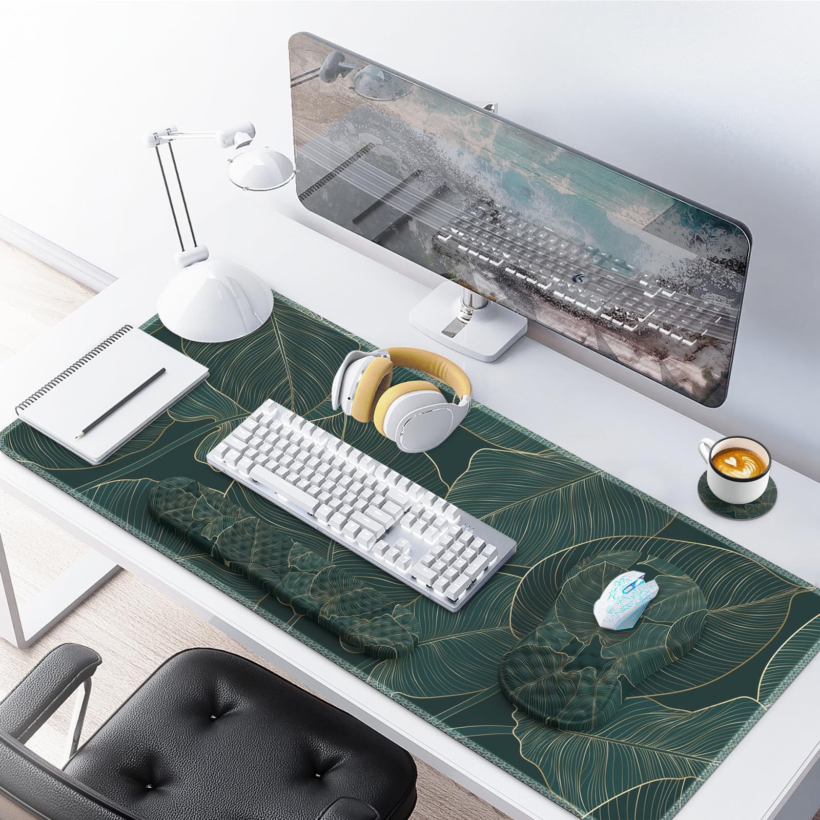 Sous-main 4 en 1 pour clavier et souris, tapis de souris ergonomique vert avec repose-poignet en mousse à mémoire de forme, grand sous-main, support de poignet doux pour clavier (feuilles de