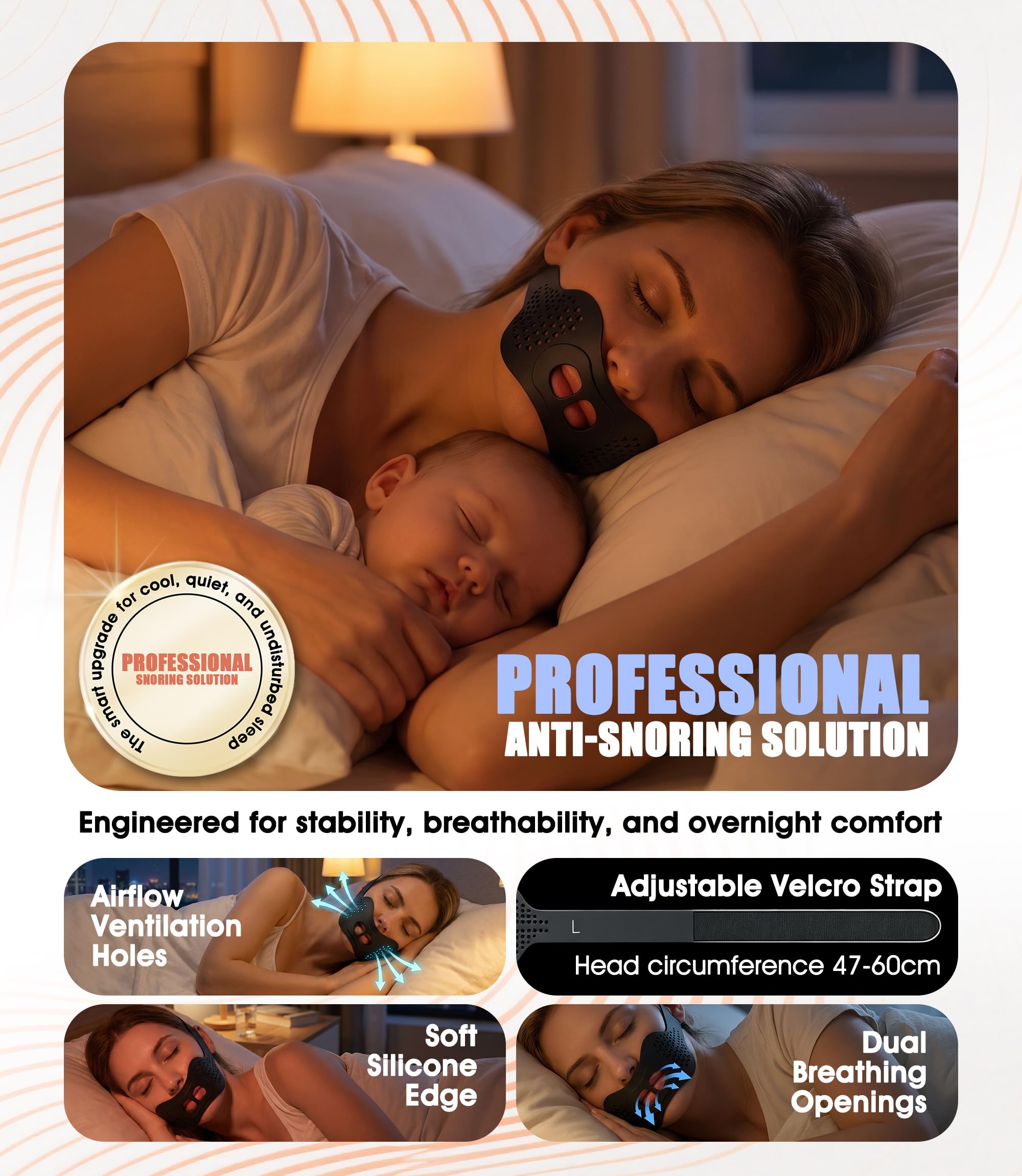 Cinta bucal para dormir, Sonnorel 1 unidad Cinta bucal premium para dormir, Banda de silicona antironquidos, Sujeción óptima incluso con barba [Tamaño universal cómodo 47-60 cm], Negro