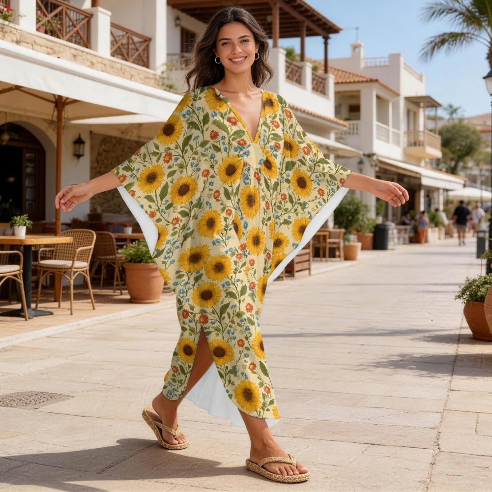 Xoenoiee Damskie sukienki kaftanowe kaftan plus size rękaw nietoperz strój kąpielowy okrycie dekolt w serek letnia sukienka plażowa