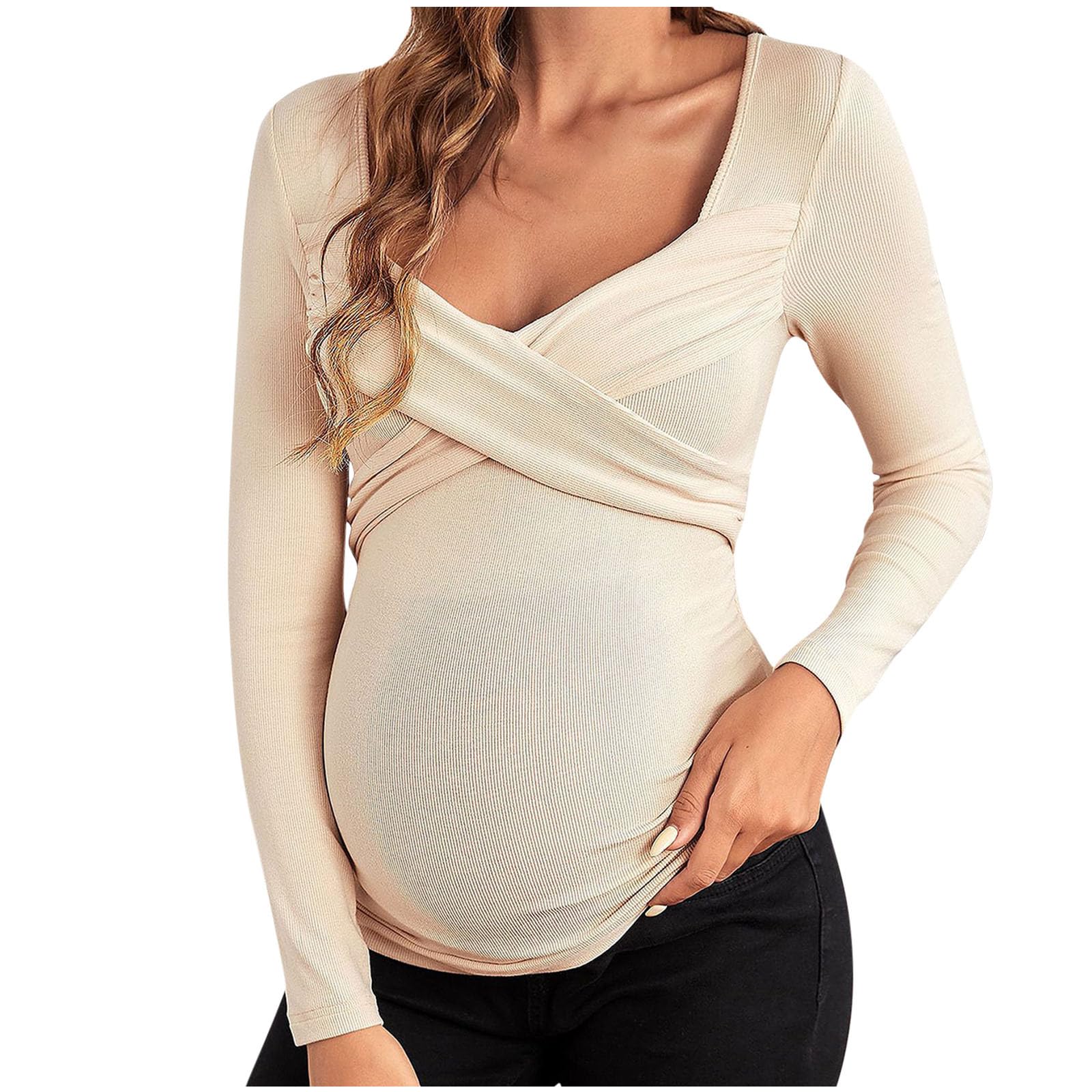 Umstandsshirt Damen Langarm Stillshirt Elegant Umstandstops Schwangerschafts Oberteil Bequem Schwanger T-Shirt Umstandsmode Umstandsbluse V-Ausschnitt Langarm Crossover Still-Umstandsoberteil