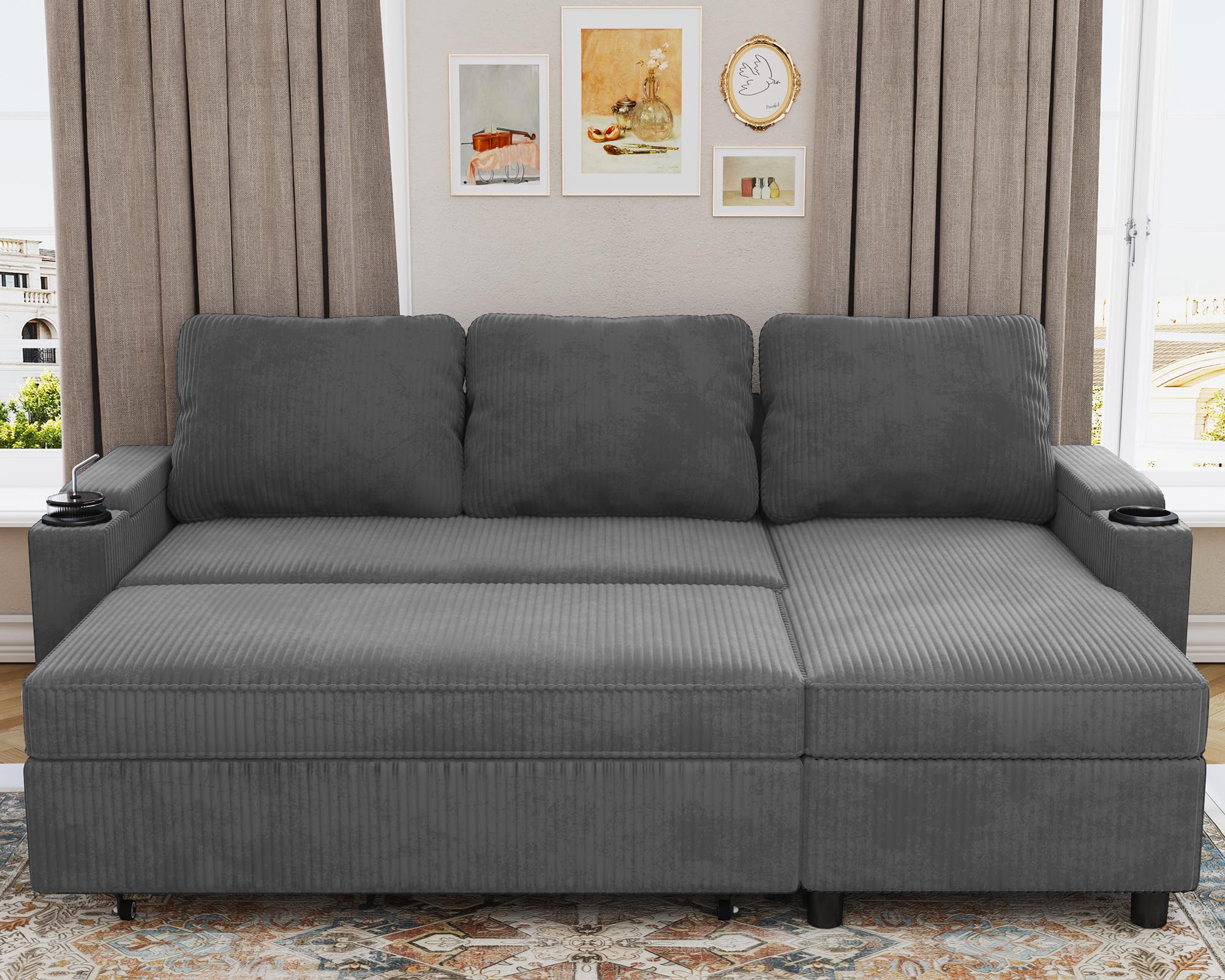Devoko Divano Letto Chaise Longue a Forma di L, Divano da Salotto Cheslong a 3 Posti Convertibile in Letto, con Contenitore Integrato e Portabicchieri, Tessuto Morbido Beige Grigio Scuro