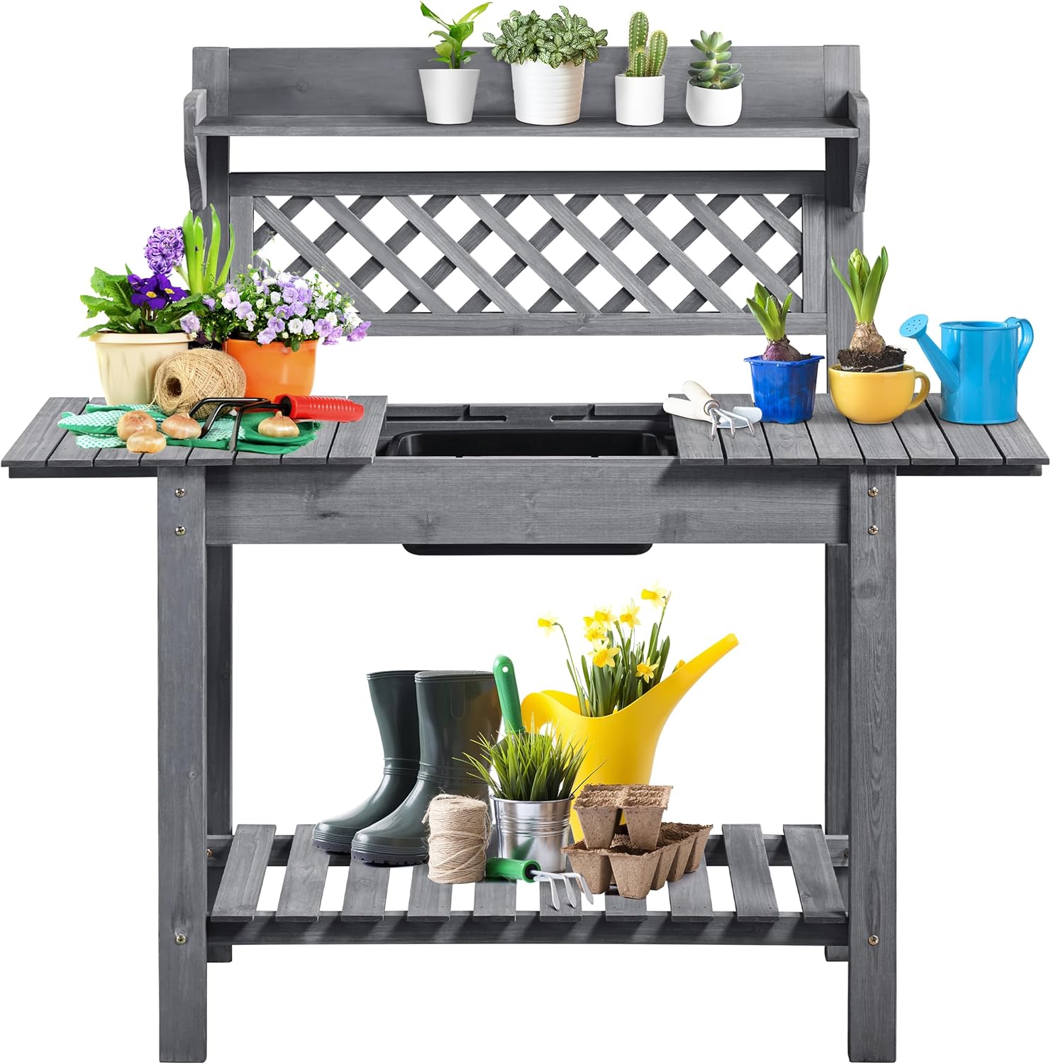 Yaheetech Potting Bench Table Outdoor Garden Potting Table Wooden Workstation w/Sliding Tabletop Removable Sink w/Storage Shelf Flower Pot Bench Mobile Garden Potting Bench Gray