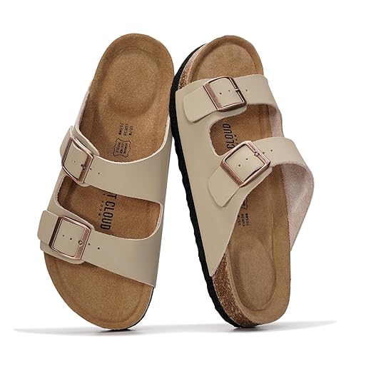 Project Cloud 100% Genuine Leather Flat Sandals For Women 2026 Cork Footbed Womens Sandals with Memory Foam and arch support Vacation Essentials Slides for Women Footwear (Venita)