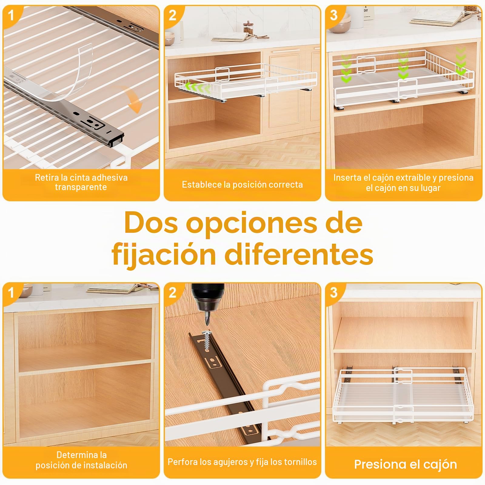 2 Piezas Cajón Telescópico Cajones Extraibles Armario Cocina Cajón Deslizante Para Alacena Cajón de Cocina Extensible Organizador de Cajones Ancho Ajustable 31-50cm/32-52cm, Sin Taladrar