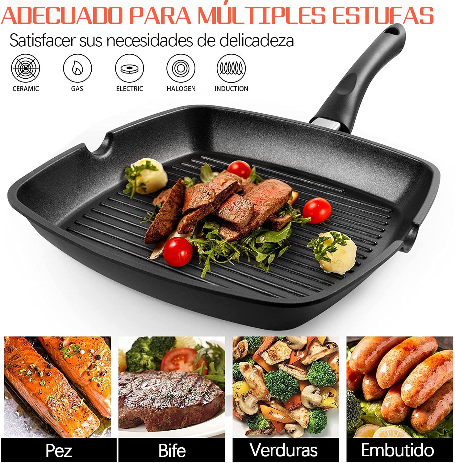 Sartén Parrilla 28cm,Grill Asador con Rayas,Sartén Grill Cuadrada Plancha de Aluminio Fundido con Antiadherente,Apto para Todo Tipo de Cocinas Incluido Inducción, Libre de PFOA