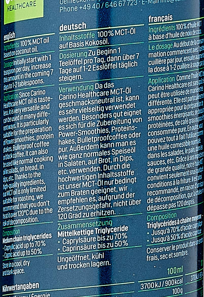 MCT-Öl aus 100% Kokosöl für Bulletproof-Coffee & Ketogene-Ernährung Vegan - 500ml Kokosnussöl neutral im Geschmack und Geruch, Caprinsäure C-10, Caprylsäure C-8