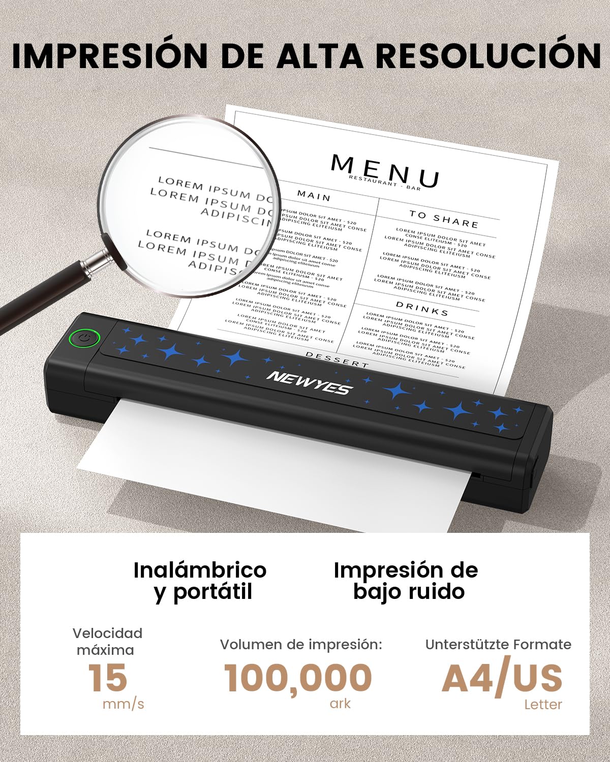 NEWYES Impresora Térmica Portátil sin Tinta, con Conectividad Inalámbrica para Negocios, Viajes, Hogar y Uso Educativo
