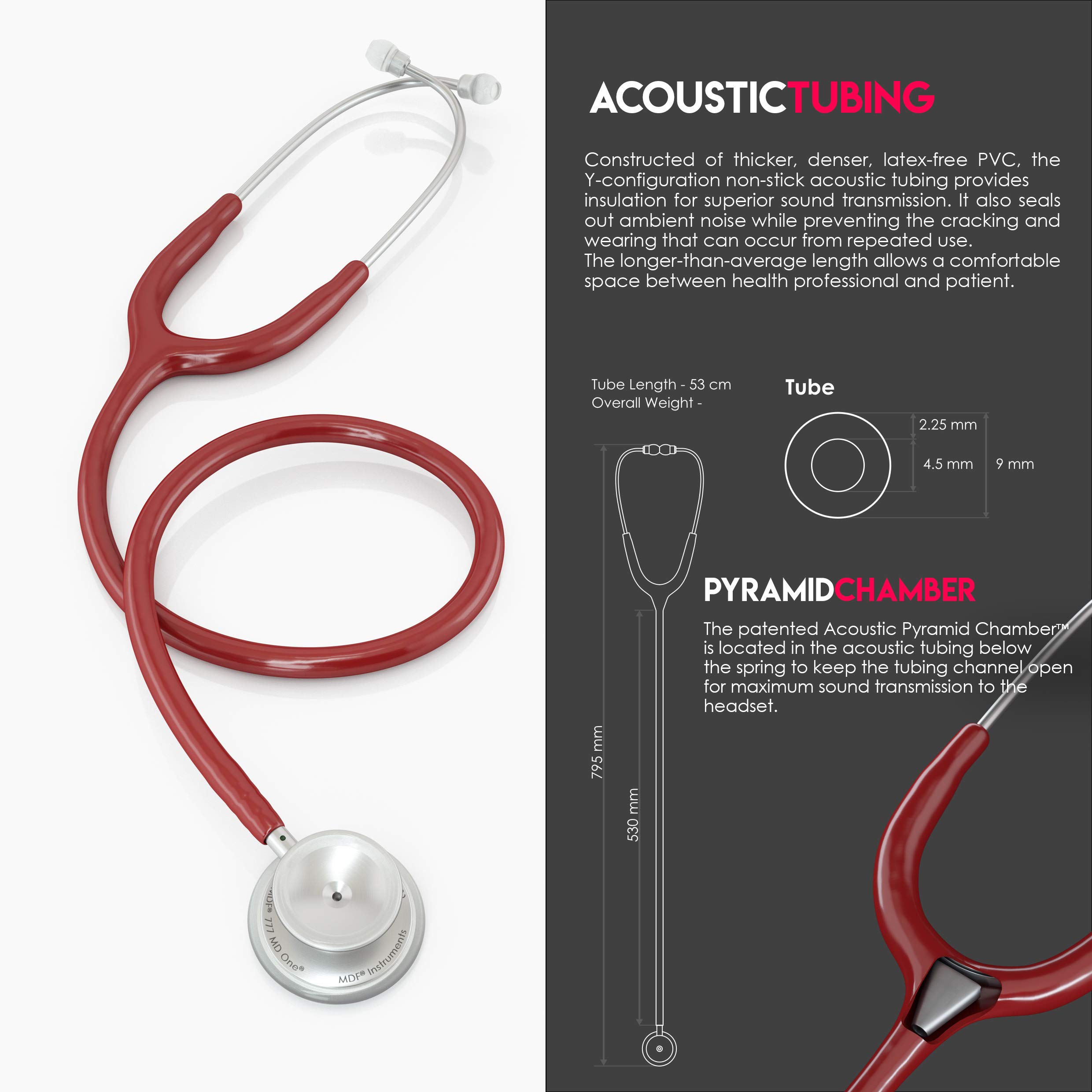 MDF Instruments MD One Estetoscopio doble cabeza de acero inoxidable - GarantÌa de por vida & Programa-piezas-gratuitas-de-por-vida MDF77717 (rojo vino)
