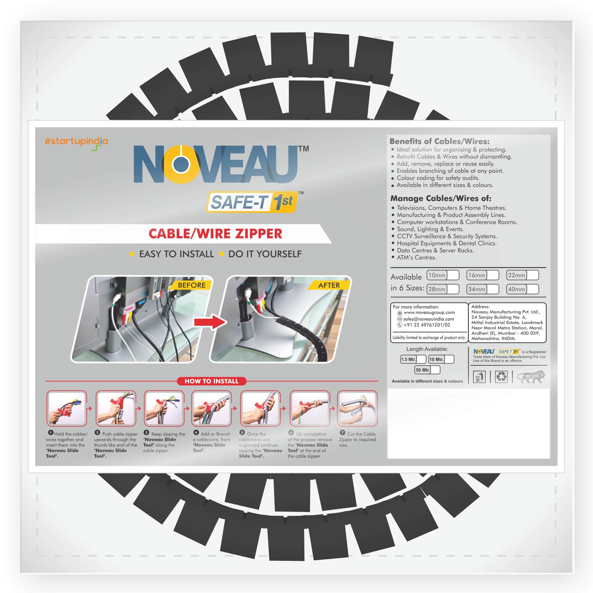 NOVEAU Safe-T 1st Cable Zipper- Cable and Wire Organizer/Manager/Wrap/Hider/Concealer for PC/Office/TV/Internet/Home Theater. (Black, Diameter - 30 mm | Length - 1.5 Meter) (B089GPXG85) Amazon Price History, Amazon Price Tracker