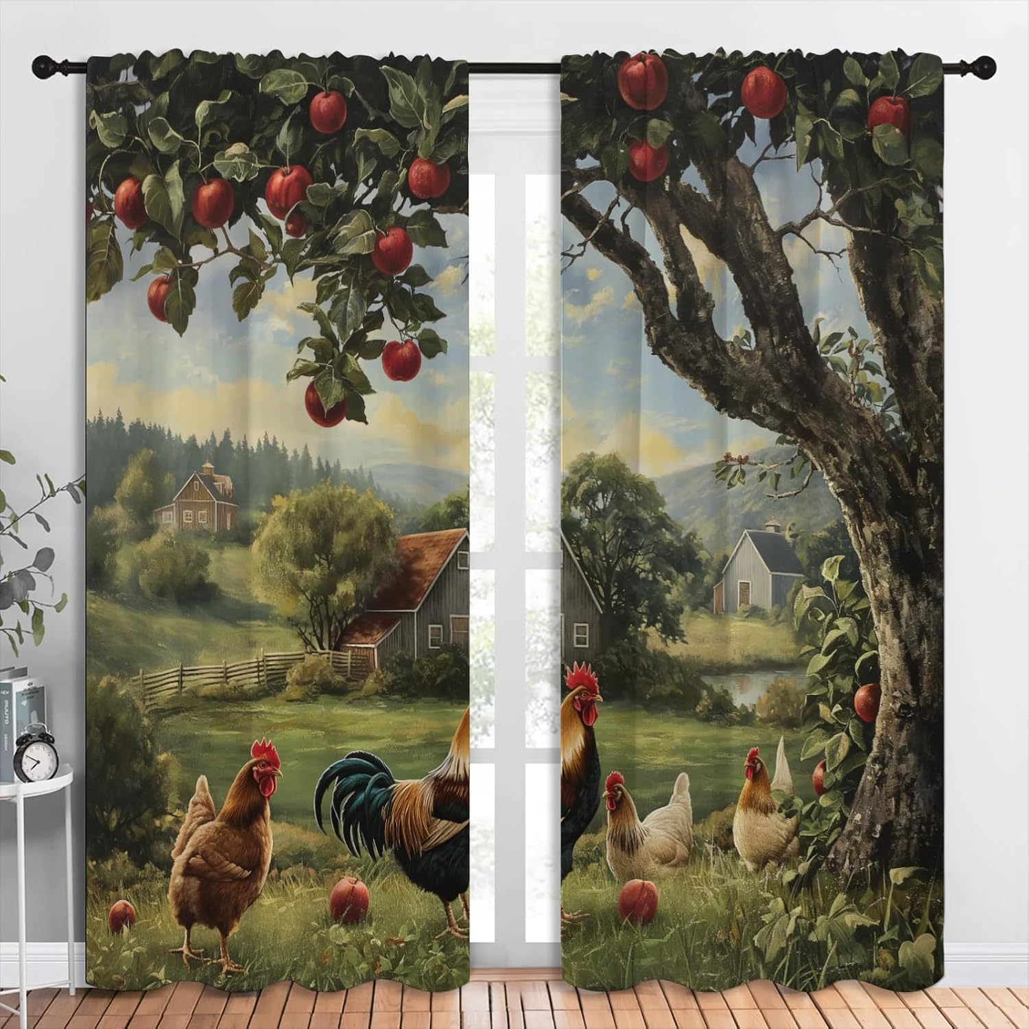 Chicken Blackout Curtains for Boys Girl Bedroom Home Decor, Farm Animals Rooster Hen Apple Cabin Thermal Insulated Rod Pocket Darkening Living Room Window Drapes, 84 x 72 inch